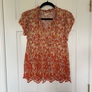 Solitaire Orange Tangerine Floral Eyelet Blouse Size Large